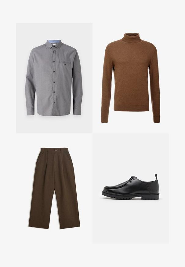 Bruine coltrui gemaakt van zachte stof, met lange mouwen, geribde boorden en een smal ontwerp zonder zichtbare patronen.; Grijze geblokte overhemd met lange mouwen, button-down kraag, borstzak en contrasterende lichtblauwe binnenkraag. Voorzien van bruine knopen.; Bruine geplooide broeken met een wijdvallend ontwerp, voorzien van een knoopsluiting en zijzakken, gemaakt van een textiel dat geschikt is voor casual wear.; Zwarte leren veterschoen met een robuuste zool en een aantreklip aan de achterkant, van opzij getoond op een witte achtergrond.