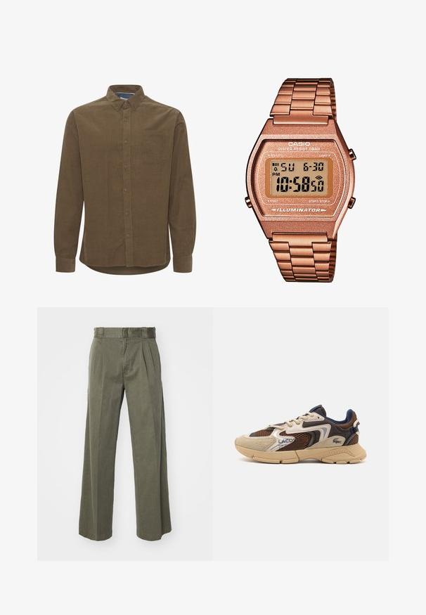 Pull en col roulé marron en tissu doux, avec des manches longues, des poignets côtelés et une coupe ajustée sans motifs visibles.; Chemise en coton marron à manches longues avec un col boutonné, une poche poitrine unique et un ourlet légèrement arrondi. Fermeture à boutons à l'avant.; Pantalon vert olive avec une coupe large et décontractée, doté de plis à l'avant. Fabriqué en tissu texturé avec une taille standard et sans matériel visible.; Sneaker beige et marron avec des panneaux en maille texturée, des accents en daim et une semelle en caoutchouc. Présente un design à lacets et des détails de marque.; Montre digitale Casio avec un bracelet en métal rose doré, un boîtier rectangulaire, un écran éclairé et une résistance à l'eau, affichant l'heure et la date.