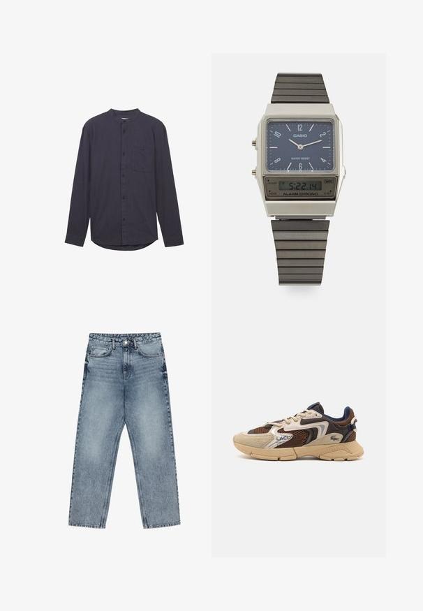 Pull en col roulé marron en tissu doux, avec des manches longues, des poignets côtelés et une coupe ajustée sans motifs visibles.; Chemise à manches longues bleu marine foncé avec un col montant, fermeture à boutons sur le devant, une poche poitrine et un tissu texturé. Présente un ourlet arrondi.; Jean en denim bleu clair avec une coupe droite, couture visible, design à cinq poches et fermeture à bouton à la taille.; Sneaker beige et marron avec des panneaux en maille texturée, des accents en daim et une semelle en caoutchouc. Présente un design à lacets et des détails de marque.; Montre numérique Casio avec un cadran bleu, un boîtier en acier inoxydable et un bracelet en caoutchouc noir à couches. Affiche l'heure et les réglages de l'alarme. Résistante à l'eau.