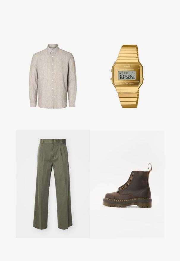 Suéter castanho de gola alta feito de um tecido suave, com mangas compridas, punhoscanalados e um design justo sem padrões visíveis.; Camisa de linho cinza claro com mangas longas, colarinho com botões e botões frontais. Tecido texturizado com um padrão subtil.; Calças verde-oliva com um design largo e solto, apresentando pregas frontais. Feitas de tecido texturizado, com uma cintura padrão e sem fechos visíveis.; Bota de cano baixo em couro castanho com bico redondo, costura amarela em contraste, ilhós metálicos decorativos e uma sola de borracha estriada.; Relógio digital Casio com caixa e pulseira em aço inoxidável dourado octogonal, apresentando um display LCD, alarme e resistência à água.