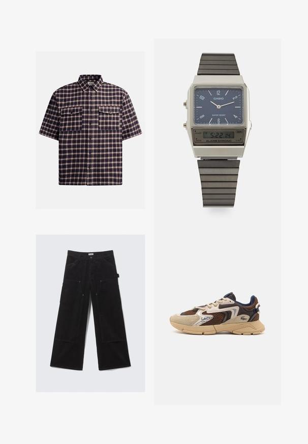 Brown turtleneck sweater made of soft fabric, featuring long sleeves, ribbed cuffs, and a fitted design with no visible patterns.; Short-sleeve plaid shirt in dark navy and burgundy, featuring a checkered pattern, two chest pockets, and a button-up front.; Black wide-leg corduroy pants with large front pockets and belt loops, featuring a button and zipper closure.; Beige and brown sneaker with textured mesh panels, suede accents, and a rubber sole. Features lace-up design and branded detailing.; Casio digital watch with a blue dial, silver case, and layered black rubber strap. Displays time and alarm settings. Water resistant.