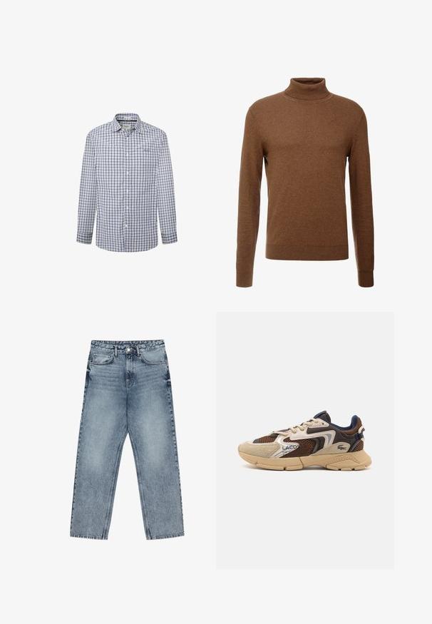 Brązowy sweter z wysokim kołnierzem, wykonany z miękkiego materiału, z długimi rękawami, ściągaczami na mankietach oraz dopasowanym krojem bez widocznych wzorów.; Koszula zapinana na guziki w niebiesko-białą kratkę. Długie rękawy, standardowy kołnierzyk, materiał wydaje się lekki i przewiewny.; Jasnoniebieskie dżinsy z prostymi nogawkami, widocznym przeszyciem, pięcioma kieszeniami oraz zapięciem na guzik w talii.; Beżowe i brązowe sneakersy z teksturowanymi panelami z siateczki, zamszowymi akcentami i gumową podeszwą. Posiadają sznurowane zapięcie oraz detale marki.