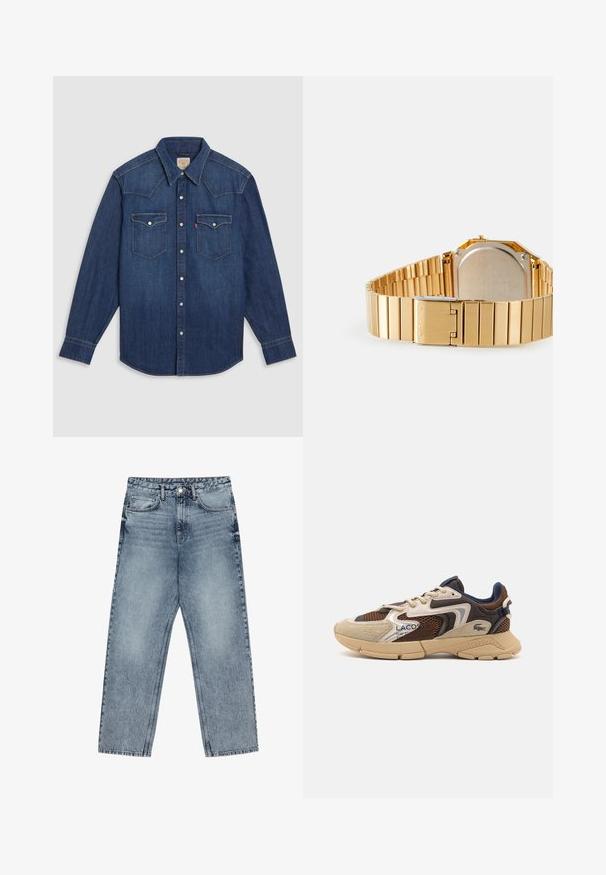 Καφέ πουλόβερ τύπου φούτερ φτιαγμένο από μαλακό ύφασμα, με μακριά μανίκια, ριμπ μανσέτες και εφαρμοστή σχεδίαση χωρίς ορατά μοτίβα.; Σκούρο μπλε τζην πουκάμισο με μακρύ μανίκι, μυτερό γιακά, λευκά κουμπιά με κλιπ και δύο τσέπες στο στήθος. Διαθέτει ραμμένες λεπτομέρειες στους ώμους.; Ανοιχτό μπλε τζιν παντελόνι με ίσια γραμμή, ορατές ραφές, σχέδιο με πέντε τσέπες και κλείσιμο με κουμπί στη μέση.; Μπεζ και καφέ αθλητικά παπούτσια με υφασμάτινα πάνελ, σουέτ λεπτομέρειες και καουτσούκ σόλα. Διαθέτει σχέδιο με κορδόνια και επωνυμία λεπτομέρειες.; Χρυσό μεταλλικό ρολόι με ορθογώνιο καντράν, υφασμένο λουράκι και κούμπωμα. Η πίσω πλευρά έχει ασημένια θήκη με εγχαραγμένες λεπτομέρειες.