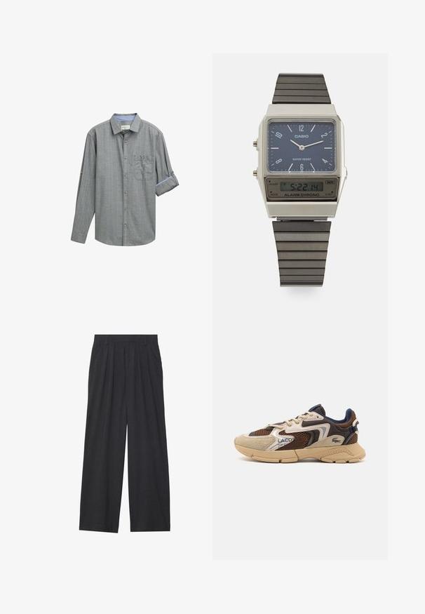 Ruskea pusero, jossa on korkea kaulus, pehmeää kangasta, pitkät hihat, ribbaatut hihansuut ja kapea malli ilman näkyviä kuvioita.; Harmaa pitkähihaisessa paidassa on ruutukuvio, nappikaulus, yksi rintatasku ja sinisellä korostetut käärityt hihansuut.; Suorat lahkeet valmistettu tummanharmaasta kankaasta. Ominaisuuksiin kuuluu laskokset vyötäröllä, muotoilu on siisti ja siluetti suora.; Beige ja pruun tennised tekstuursete võrgupaneelidega, sametised aktsendid ja kummist talla. Omab nöörimise disaini ja bränditud detaile.; Casio digitaalikello, jossa on sininen kellotaulu, hopeinen kuori ja kerroksellinen musta kumihihna. Näyttää ajan ja hälytysasetukset. Vedenkestävä.