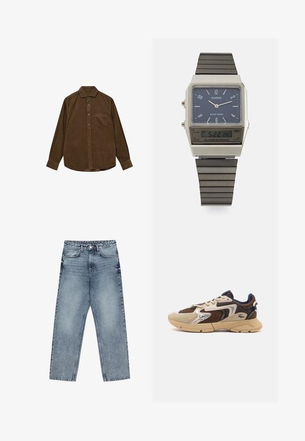 Brown turtleneck sweater made of soft fabric, featuring long sleeves, ribbed cuffs, and a fitted design with no visible patterns.; Brown corduroy shirt with long sleeves, button-down collar, front pocket, and textured ribbed surface. Features silver-tone buttons.; Light blue denim jeans with a straight leg cut, visible stitching, five pocket design, and a button closure at the waist.; Beige and brown sneaker with textured mesh panels, suede accents, and a rubber sole. Features lace-up design and branded detailing.; Casio digital watch with a blue dial, silver case, and layered black rubber strap. Displays time and alarm settings. Water resistant.