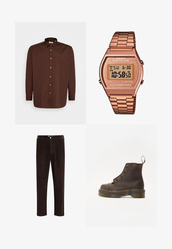 Brūns turtlenecks džemperis, izgatavots no mīkstas auduma, ar garām piedurknēm, ribotiem aproču galiem un pieguļošu dizainu bez redzamām rakstām.; Brūns pogām caurspīdīgs krekls ar izplatītu apkakli, garām piedurknēm un gludu auduma tekstūru. Priekšpusē ir baltas pogas.; Redefined Rebel JOHN COMFORT FIT - Auduma bikses - demitasse; Brūni ādas potītes zābaki ar noapaļotu purngalu, kontrastējošām dzeltenām šuvēm, dekoratīvām metāla acīm un rievotu gumijas zoli.; Digitālais Casio pulkstenis ar rozā zelta metāla siksniņu, taisnstūra korpusu, apgaismotu displeju un ūdensizturību, kas attēlo laiku un datumu.