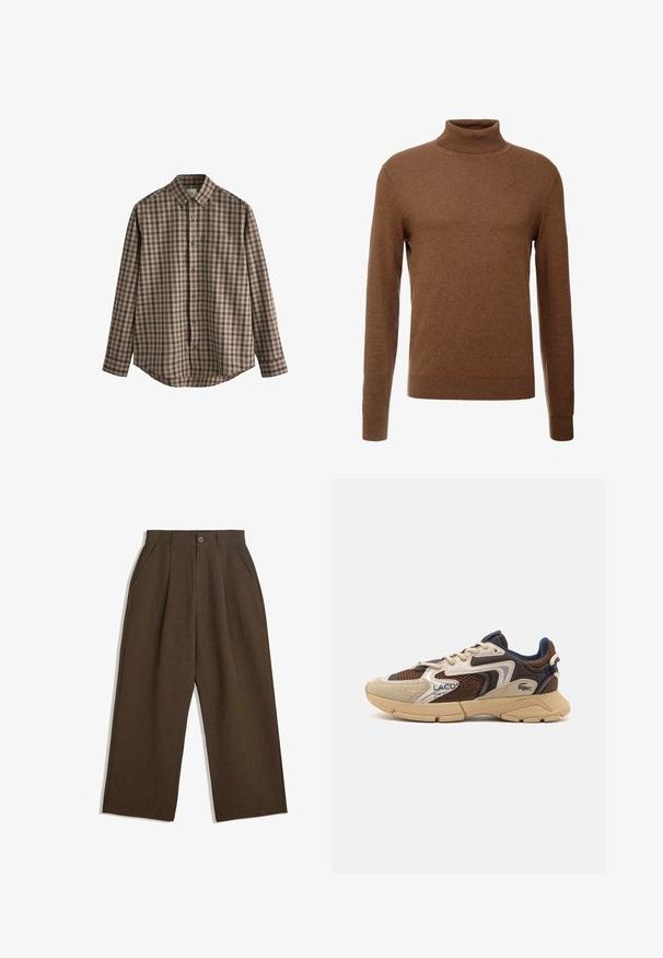 Pull en col roulé marron en tissu doux, avec des manches longues, des poignets côtelés et une coupe ajustée sans motifs visibles.; Next EASY IRON BUTTON DOWN - Chemise - brown gingham; Pantalons plissés marron au design large, avec une fermeture à bouton et des poches latérales, en tissu texturé adapté à une tenue décontractée.; Sneaker beige et marron avec des panneaux en maille texturée, des accents en daim et une semelle en caoutchouc. Présente un design à lacets et des détails de marque.