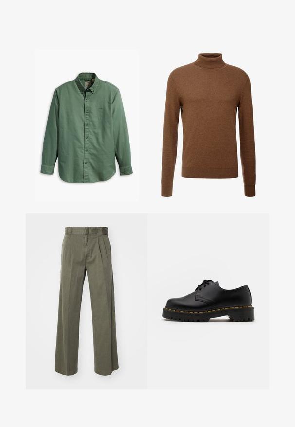 Bruine coltrui gemaakt van zachte stof, met lange mouwen, geribde boorden en een smal ontwerp zonder zichtbare patronen.; Levi's® AUTHENTIC BUTTON DOWN - Overhemd - mill forest; Olijfgroene broek met een losse, wijde pijpdesign en voorplooien. Gemaakt van textuurstof met een standaard tailleband en zonder zichtbare hardware.; Zwarte leren veterschoen met een ronde neus, getextureerde rubberen zool en gele stiksels rond de basis. Plat ontwerp en een gladde afwerking.