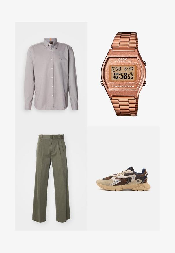 Barna garbónyakú pulóver, puha anyagból készült, hosszú ujjakkal, bordás mandzsettákkal és testhezálló, észlelhető minták nélkül.; Világosszürke gombos ing könnyű anyagból, gallérral, hosszú ujjakkal és egy kis hímzett logóval a mellkason.; Olívazöld nadrág, laza, széles lábakkal és elülső redők kialakítással. Texturált anyagból készült, standard derékrésszel és látható fémalkatrészek nélkül.; Beige és barna sportcipő, textúrált hálós panelek, velúr díszítések és gumitalp jellemzi. Fűzős dizájnnal és márkázott részletekkel rendelkezik.; Digitális Casio óra rózsaarany fém szíjjal, téglalap alakú házzal, megvilágított kijelzővel és vízállósággal, mutatja az időt és a dátumot.