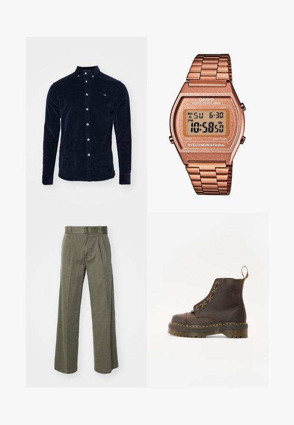 Rjav turtleneck pulover iz mehkega blaga, z dolgimi rokavi, rebrastimi manšetami in tesno prilegnjeno zasnovo brez vidnih vzorcev.; Navy modra kordna srajca z gumbnim ovratnikom, sprednjimi gumbi, dolgimi rokavi in majhnim izvezenim logotipom na prsih.; Olivno zeleni hlače z ohlapnim, širokim krojem in sprednjimi naborki. Narejene iz strukturirane tkanine s standardnim pasom in brez vidne strojne opreme.; Rjavi usnjeni gležnjarji z okroglim prstom, kontrastnim rumenim šivom, dekorativnimi kovinskimi očesci in zarezanem gumijastem podplatu.; Digitalna Casio ura z rožnato zlato kovinsko zanko, pravokotno ohišje, osvetljen prikaz, vodoodpornost, ki prikazuje čas in datum.