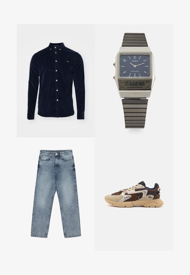 Rudas golfas, pagamintas iš minkštos medžiagos, su ilgomis rankovėmis, briaunotais riešais ir prigludusia forma, be matomų raštų.; Tamsiai mėlyna korduroi marškiniai su mygtukų apykakle, priekine užtrauktuku, ilgomis rankovėmis ir mažą siuvinėtą logotipą ant krūtinės.; Šviesiai mėlynos džinsinės kelnės su tiesiu kelnės siluetu, matomomis siūlėmis, penkių kišenių dizainu ir mygtuko uždarymu juosmens srityje.; Bežiniai ir rudi sportbačiai su tekstūruotais tinkliniais intarpais, zomšos akcentais ir guminiais padais. Pasižymi šniriamu dizainu ir prekiniais ženklais.; Casio skaitmeninis laikrodis su mėlynu ciferblatu, sidabriniu korpusu ir sluoksniuota juoda gumine apyranke. Rodo laiką ir budinimo nustatymus. Atsparus vandeniui.