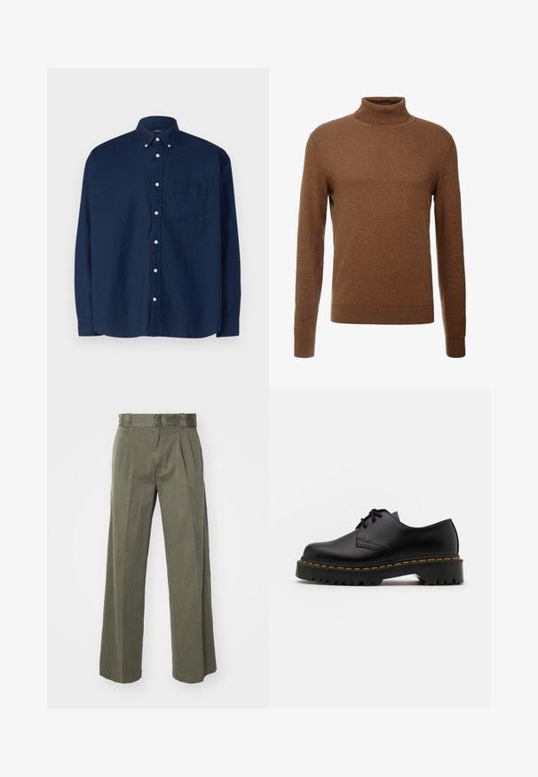 Rudas golfas, pagamintas iš minkštos medžiagos, su ilgomis rankovėmis, briaunotais riešais ir prigludusia forma, be matomų raštų.; Tamsiai mėlyna mygtukų marškiniai, pagaminti iš medvilnės. Turi smailų apykaklę, ilgomis rankovėmis, krūtinės kišenę ir baltus mygtukus. Audinys su tekstūra.; Olivinės spalvos kelnės su laisvu, plačiu dizainu ir priekinių raukšlių detale. Pagamintos iš tekstūruoto audinio, su standartine juosmena ir be matomų aksesuarų.; Juoda odinė lakuota avalynė su apvaliu pirštu, tekstūruota gumine padu ir geltona siūlelių apdaila aplink bazę. Lygus dizainas ir glotnus paviršius.