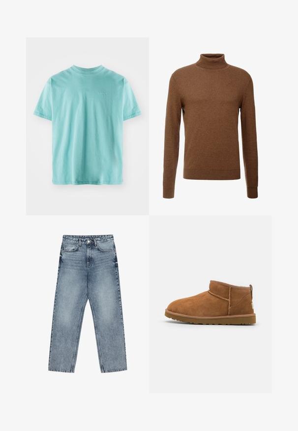 Rudas golfas, pagamintas iš minkštos medžiagos, su ilgomis rankovėmis, briaunotais riešais ir prigludusia forma, be matomų raštų.; Turkio kolorito medvilninis marškinėliai su trumpomis rankovėmis, apvaliu kaklu ir nedideliu baltu "Levi's" logotipu ant krūtinės. Minkšta tekstūra ir laisvas kirpimas.; Šviesiai mėlynos džinsinės kelnės su tiesiu kelnės siluetu, matomomis siūlėmis, penkių kišenių dizainu ir mygtuko uždarymu juosmens srityje.; Šviesiai rudos nubuko aulinukai iki kulkšnies su apvaliu pirštu, subtiliomis siuvimo detalėmis ir tekstūruota guma padanga. Žemas aukštis be raištelių.