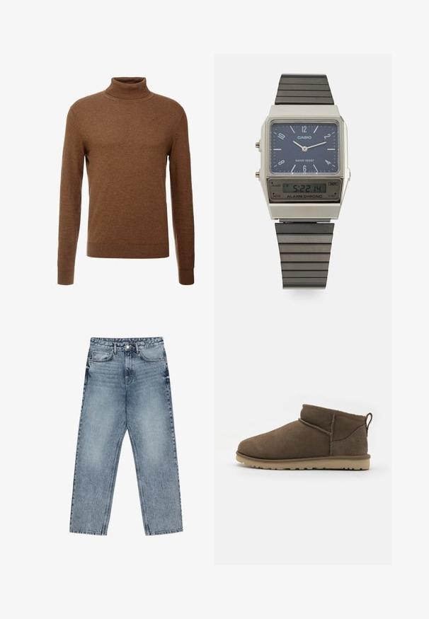 Brauner Rollkragenpullover aus weichem Stoff, mit langen Ärmeln, gerippten Bündchen und tailliertem Schnitt ohne sichtbare Muster.; Hellblaue Jeans aus Denim mit geradem Schnitt, sichtbaren Nähten, fünf Taschen-Design und einem Knopfverschluss an der Taille.; Kurze braune Wildleder-Stiefeletten mit runder Zehenpartie, sichtbaren Nähten und einer strukturierten, leichten Gummisohle, die an der Rückseite eine Zuglasche aufweisen.; Casio Digitaluhr mit blauem Zifferblatt, silbernem Gehäuse und geschichtetem schwarzen Gummiband. Zeigt Uhrzeit und Alarm Einstellungen an. Wasserdicht.