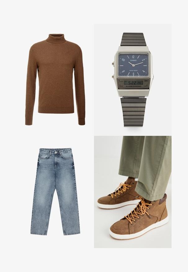 Ruskea pusero, jossa on korkea kaulus, pehmeää kangasta, pitkät hihat, ribbaatut hihansuut ja kapea malli ilman näkyviä kuvioita.; Vaaleansiniset farkut, joissa on suora lahje, näkyvät tikkaus, viisi taskua ja napin suljenta vyötäröllä.; Ruske høye sneakers laget av teksturert materiale, med oransje lisser, hvit såle og brune lærdetaljer. Kombinert med grønne bukser.; Casio digitaalikello, jossa on sininen kellotaulu, hopeinen kuori ja kerroksellinen musta kumihihna. Näyttää ajan ja hälytysasetukset. Vedenkestävä.