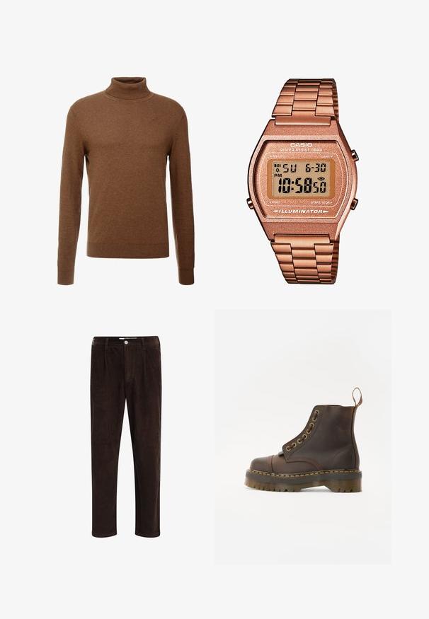 Smeđi pulover s visokim ovratom izrađen od mekog materijala, sa dugim rukavima, rebrastim manžetama i uskim krojem bez vidljivih uzoraka.; Redefined Rebel JOHN COMFORT FIT - Hlače - demitasse; Smeđe kožne čizme do gležnja s okruglim vrhom, kontrastnim žutim šavovima, dekorativnim metalnim rupicama i zupčastom gumom.; Digitalni Casio sat s metalnom narukvicom u ružičastom zlatu, pravokutnim kućištem, osvijetljenim zaslonom i vodootpornošću, prikazuje vrijeme i datum.