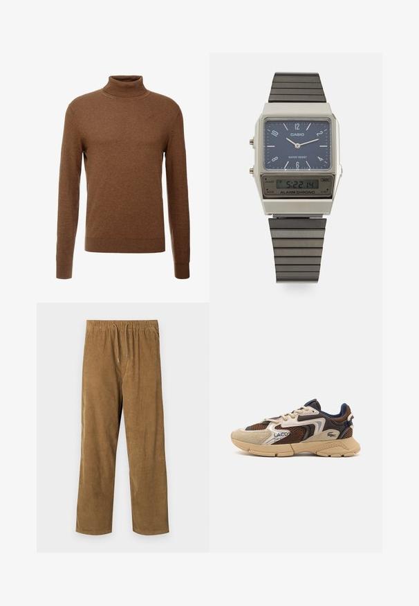 Hnědý rolák z měkké tkaniny, s dlouhými rukávy, žebrovanými manžetami a přiléhavým střihem bez viditelných vzorů.; Manšestrové kalhoty v teplé hnědé barvě, s elastickým pasem a stahovacími šnůrkami, volného střihu a vertikálním jemným žebrováním.; Béžové a hnědé tenisky s texturovanými síťovinovými panely, akcenty z semiše a gumovou podrážkou. Mají šněrovací design a značkové detaily.; Digitální hodinky Casio s modrým ciferníkem, stříbrným pouzdrem a vrstveným černým gumovým remínkem. Zobrazuje čas a nastavení alarmu. Voděodolné.