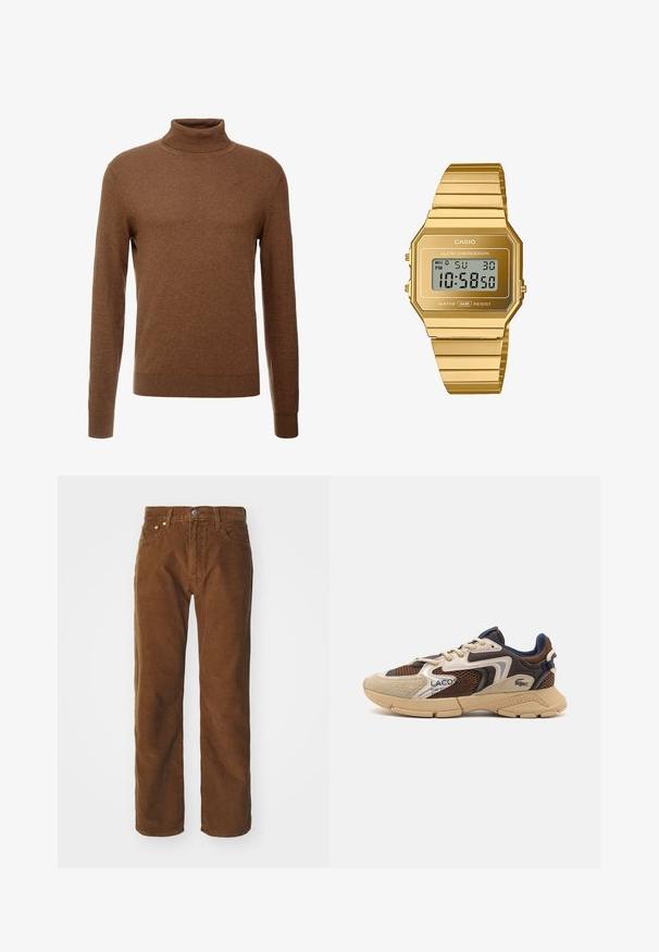 Brązowy sweter z wysokim kołnierzem, wykonany z miękkiego materiału, z długimi rękawami, ściągaczami na mankietach oraz dopasowanym krojem bez widocznych wzorów.; Levi's® - Jeansy Straight Leg; Beżowe i brązowe sneakersy z teksturowanymi panelami z siateczki, zamszowymi akcentami i gumową podeszwą. Posiadają sznurowane zapięcie oraz detale marki.; Zegarek cyfrowy Casio z ośmiokątną kopertą ze stali nierdzewnej w kolorze złotym oraz bransoletą, wyposażony w wyświetlacz LCD, funkcję alarmu i odporność na wodę.