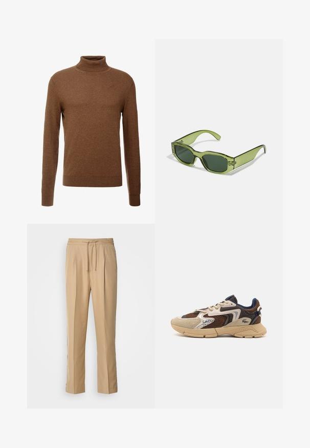 Brun turtleneck genser laget av myk stoff, med lange ermer, ribbestrikkede mansjetter og en tettsittende design uten synlige mønstre.; Lys beige bukser laget av glatt stoff, med strikk i livet, to legg foran og rette, løstsittende ben for komfort.; Beige og brun sneaker med teksturerte mesh-paneler, semsket skinndetaljer, og gummisåle. Har snøring og merkeinformasjon.; Grønne, gjennomsiktige solbriller med rektangulær ramme, mørkegrønne linser og en logodatatovering på siden. Glatt tekstur og moderne design.