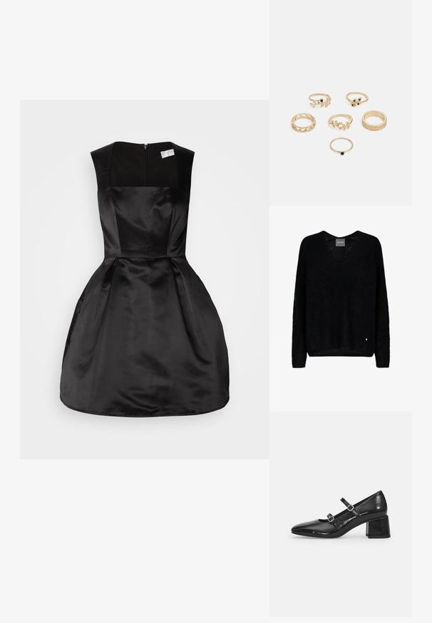 Černý převeliký svetr s výstřihem do V, dlouhými rukávy, vyrobený z texturované látky. Výrazným detailem je malý kovový logo prvek na lemu.; Černé saténové šaty se čtvercovým výstřihem, bez rukávů, přiléhavým trupem a rozšířenou sukní, s uzavíráním na zip na zadní straně.; Černé lakované kožené Mary Jane boty s špičatou špičkou, dvěma nastavitelými řemínky a chunky blokovým podpatkem. Hladký povrch a lesklý povrch.; Sada šesti zlatých prstenů s různými designy: splétané, motivy listů a hladké prsteny; některé s zelenými drahokamy.