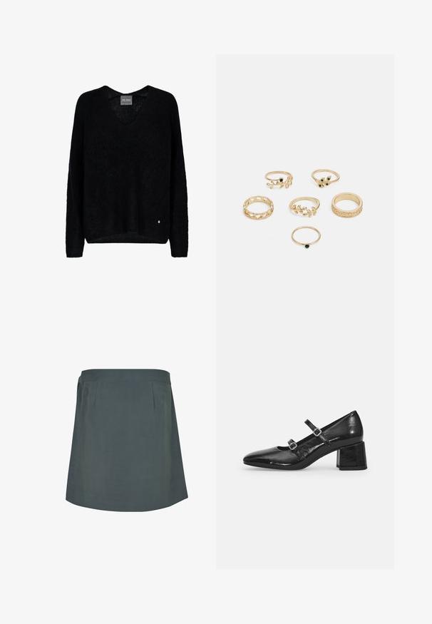 Mustast tekstuurkangast valmistatud ülikerge V-kaelusega pikad varrukad. Silmapaistev detail on väikese metallist logo rõhutamine ääres.; Tume rohelise värvi, põlvepikkune seelik sujuva tekstuuriga, millel on lamestatud vöökoht ja peened plisseeringud ees. Lihtne ja funktsionaalne disain.; Mustad muste nahast Mary Jane kingad terava ninaga, kahe reguleeritava rihmaga ja paksu plokkniidi kontsaga. Sile tekstuur ja läikiv viimistlus.; Kuuest kuldrõngast koosnev komplekt, millel on erinevad kujundid: punutud, lehemotiivid ja ühtlased ribad; mõned neist on roheliste vääriskivide aktsentidega.