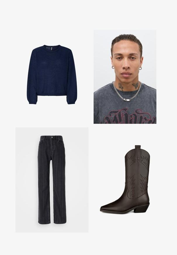 Navy blue knitted sweater with a round neckline, long sleeves, and a cropped hem. Soft texture, no visible patterns or embellishments.; High-waisted black denim jeans with vertical pinstripe pattern, straight-leg design, and a metal button closure at the front.; Brown leather cowboy boot with pointed toe, tall shaft, decorative stitching resembling lightning bolts, and a block heel.; Black graphic t-shirt with red print, silver chain necklace, and multiple facial tattoos, including a rose and butterfly, set against a plain background.