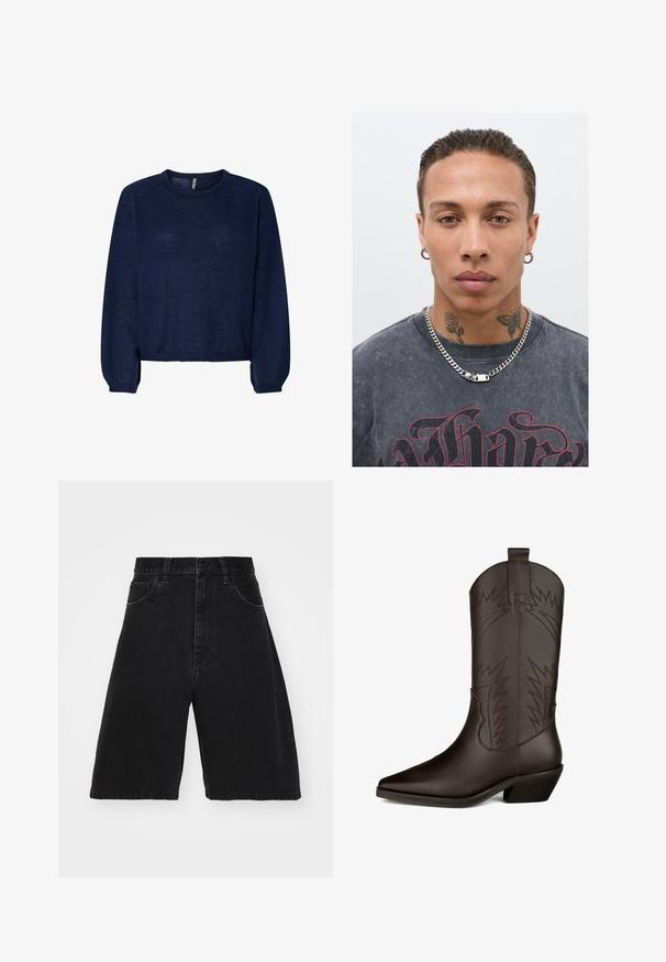 Tamsiai mėlynas megztinis su apvaliu iškirpimu, ilgomis rankovėmis ir sutrumpintiu hemu. Minkšta tekstūra, nematyti raštų ar puošmenų.; Juodi džinsiniai šortai su aukštu liemeniu, plačiomis kojomis, turi penkias kišenes ir mygtukų užsegimą. Lygi tekstūra su minimaliais nudilimo ženklais.; Rudi od odrąžos od rudo odžutató od kurigelo bažak rodžutas šsidreks, aukštai a klus paszagintis, dekoratyvinis siuvime išvaizdžius, lyg grėsmingi žaibai, bei blokas pakulme.; Juodas grafikos t-shirts su raudonu spaudiniu, sidabrinė grandinėlė ant kaklo ir keli veido tatuiruotės, įskaitant rožę ir drugelį, prieš vientisą foną.