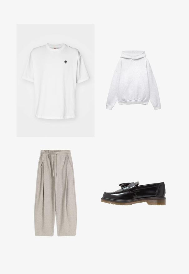 Grauer Kapuzenpullover aus weichem Baumwollmix. Verfügt über eine frontale Tasche, gerippte Bündchen und Saum. Lockerer Schnitt, ohne Muster oder Akzente.; Weißes Baumwoll-T-Shirt mit rundem Halsausschnitt und kurzen Ärmeln, sowie einem kleinen schwarzen Baum-Logo auf der linken Brust. Weicher Stoff, lockere Passform.; Hellgraue Jogginghose mit elastischem Bund, verstellbarem Kordelzug, zwei Seitentaschen und weit auslaufenden Beinen. Weiche Textur, gefältetes Design.; Schwarze lackierte Lederloafers mit geflochtenem Design, Quastenakzent und einer klobigen, strukturierten Gummisohle. Die Seitenansicht zeigt die schlanke Silhouette.