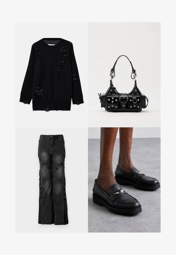 Zwarte trui gemaakt van zachte stof, met meerdere versleten gebieden, een ronde halslijn en lange mouwen. Textuurafwerking bij de zomen.; Zwarte spijkerbroek van denim met een wijde pijp, voorzien van kettingaccenten langs de zijnaad en een knoop- en ritssluiting bij de taille.; Zwarte leren instappers met een ronde neus, voorzien van een zilveren accent op de band en een dikke, gestructureerde zool voor extra grip.; Zwarte lederen handtas met een gebogen ontwerp, voorzien van zilveren studs, een gesp en twee zijvakken. Verstelbare schouderband voor verschillende draagmogelijkheden.