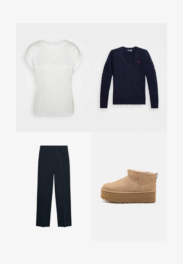 Marine blauwe kabelgebreide v-hals trui met geribbelde manchetten en zoom, logo accent op de borst, gemaakt van textuur gebreide stof.; Witte satijnen top met korte mouwen en een ronde halslijn. Glad textuur en een losse pasvorm. Opgerolde mouwen voegen een subtiele detail toe. Minimalistisch ontwerp.; Marineblauwe coltrui met lange mouwen, gemaakt van zachte, lichtgewicht stof. Beschikt over een opgerolde kraag en zijsplitten aan de zoom voor extra bewegingsgemak.; Marineblauwe broek met een rechte pijp, een vlakke voorkant, twee zijzakken en een gladde textuur. Geen zichtbare patronen of accenten.; Beige suède enkellaarsjes met een pluche binnenvoering, voorzien van een plateauzool en een trekhaak aan de achterkant voor gemakkelijk aantrekken. Gemêleerde rubberen zool.