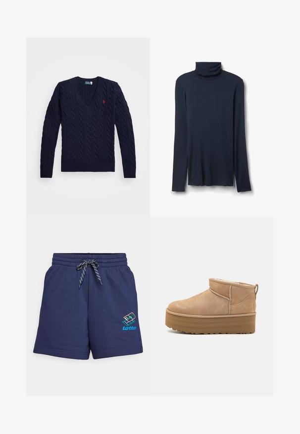 Marinblå kabelstickad v-neck tröja med ribbade ärmslut och nedkant, logotypdetalj på bröstet, tillverkad av texturerat stickat tyg.; Marinblå tubhals långärmad topp gjord av mjukt, lätt tyg. Har en vikbar krage och sidoklyftor vid fållen för ökad rörlighet.; Marinblå träningstights med resårmidja, dragsko med gröna och blå accenter, samt en flerfärgad Lotto-logotyp på sidan.; Beiga mockaskängor till anklarna med en mjuk inredning, med en plattformssula och en dragsko baktill för enkel påtagning. Mönstrad gummisula.