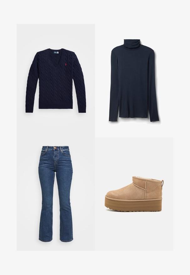 Námořnický svetr s v-výstřihem a pleteným vzorem, s ribovým lemem a manžetami, logem na hrudi, vyrobený z texturované pleteniny.; Navy rolák s dlouhým rukávem vyrobený z měkké, lehké látky. Obsahuje skládaný límec a postranní rozparky na spodním lemu pro snadný pohyb.; Džíny s vysokým pasem z denimu v modré barvě. Široké nohavice se zapínáním na knoflík a kapsami. Mají klasické praní a šití detailů.; Béžové semišové kotníkové boty s plyšovým interiérem, které mají platformovou podrážku a poutko na zadní straně pro snadné obutí. Texturovaná gumová podrážka.