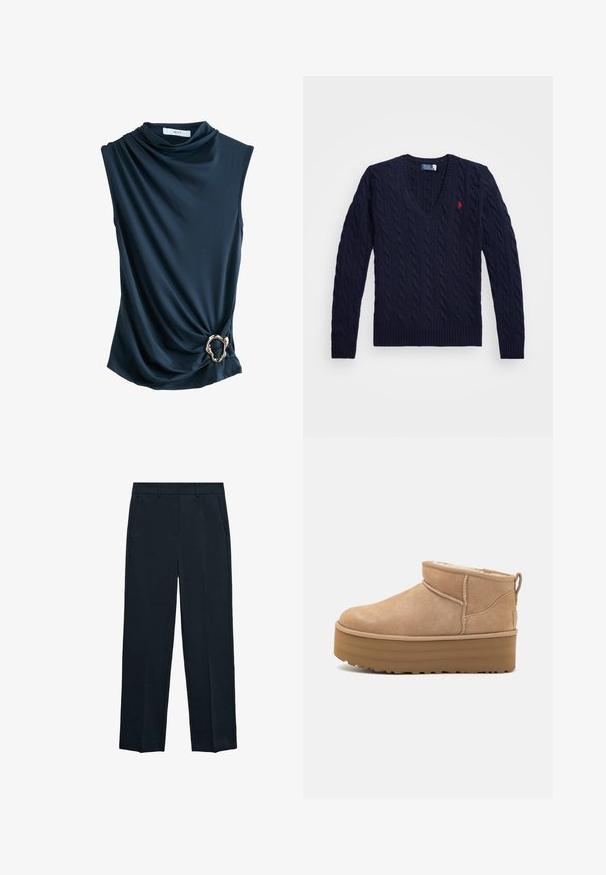 Marineblauer Kabelstrick-V-Ausschnitt-Pullover mit gerippten Bündchen und Saum, Logo-Akzent auf der Brust, aus strukturiertem Strickstoff gefertigt.; Marinefarbener ärmelloser Top mit drapiertem Stoff, Wasserfallausschnitt und einem metallic-goldenen Ringakzent in der Taille, der eine glatte, weiche Textur bietet.; Marineblaue Hosen mit geradem Bein, flachem Bund, zwei seitlichen Taschen und einer glatten Textur. Keine sichtbaren Muster oder Akzente.; Beige Wildleder-Ankle Boots mit einem weichen Innenfutter, ausgestattet mit einer Plateausohle und einer Zuglasche hinten für einen einfachen Einstieg. Strukturiertes Gummiprofil.