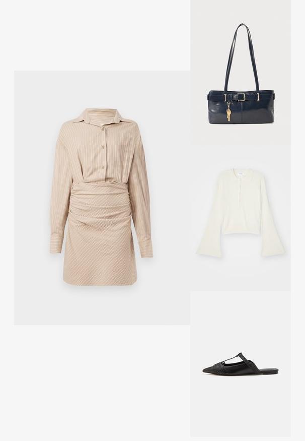 Tricou polo cu nervuri, de culoare crem, cu mâneci lungi și evazate, și clapetă cu cinci nasturi. Prezentă un guler cu o textură moale.; Rochie cămașă bej cu dungi, guler, închidere cu nasturi, mâneci lungi și textură pliată la brâu, care creează un aspect ajustat.; Pantofii din piele neagră cu curea la spate au vârful ascuțit, prezentând un accent țesut și un design superior pliat. Talpa joasă cu hardware minim.; Geantă de piele bleumarin cu două mânere lungi, detaliu cu cataramă și un breloc atașat. Are o textură netedă și o formă rectangulară.