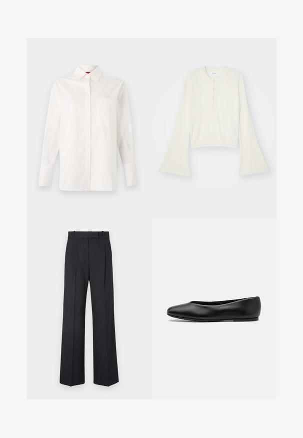 Ribbet, cremefarvet polo skjorte med lange, vidde ærmer og fem knapper. Har en krave med en blød tekstur.; Hvid langærmet skjorte lavet af bomuld, med klassisk krave, enkelt brystlomme og knaplukninger ved manchetterne. Glat tekstur, lige snit.; Mørkeblå stribede bukser med høj talje, vidde bendesign og ingen synlig hardware eller dekorationer. Glat tekstur og skræddersyet pasform.; Paul Smith TOPANGA - Ballerinasko - black