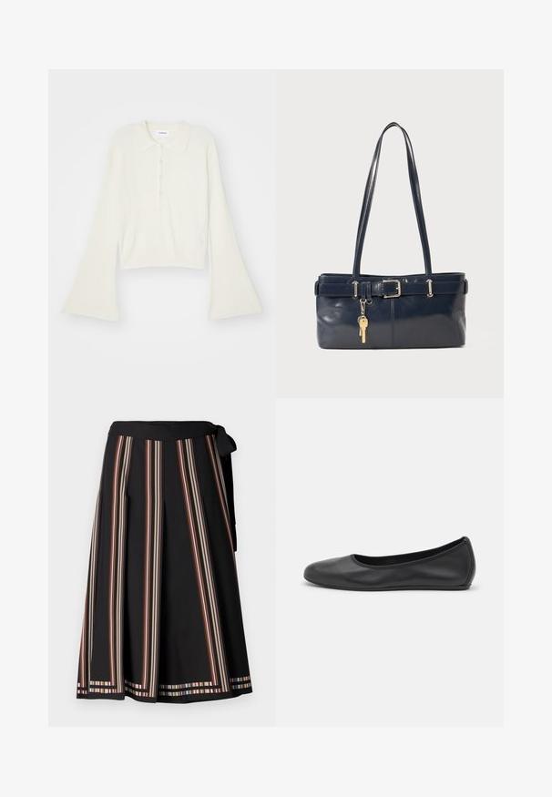 Rudmāta, krēmkrāsas polo krekls ar garām, zvana formu piedurknēm un piecu pogu aizdari. Iespējas ietver mīksta tekstūra apkakli.; Melnā plisētā svārki ar vertikālām svītrām oranžā, zilā un baltā krāsā. Saistāmā vidukļa josla ar horizontālām daudzkrāsainām svītrām apakšmalā.; Melna ādas baleta kurpe ar noapaļotu purngalu, gludu tekstūru, minimālu šuvju detalizāciju un elastīgu zoles dizainu.; Jūras spēku stila ādas rokassoma ar divām garām rokturiem, ar sprādzi un pievienotu atslēgu piekariņu. Iezīmējas ar gludu tekstūru un taisnstūra formas.