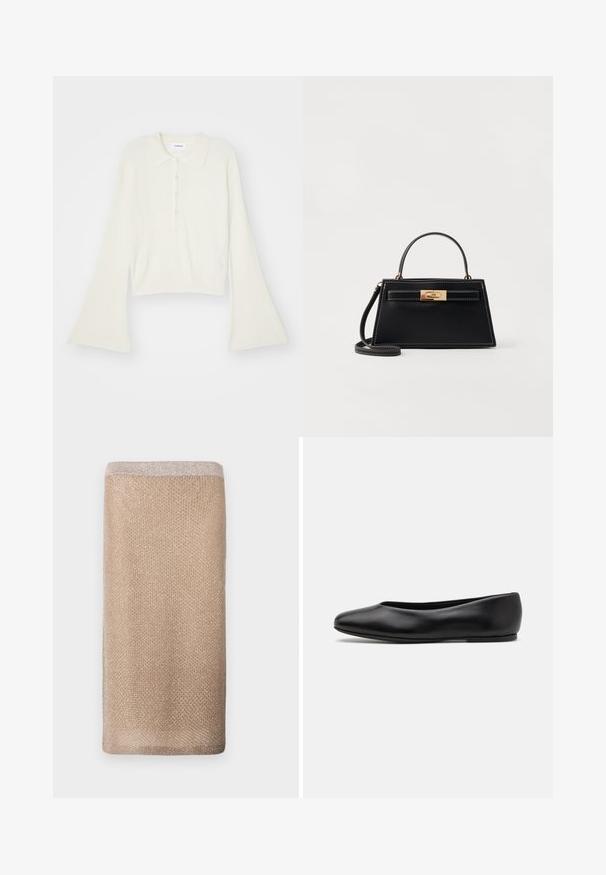 Hladký krémový polo tričko s dlouhými rozevlátými rukávy a páskou s pěti knoflíky. Obsahuje límeček s jemnou texturou.; Béžový pletený šál s jemným leskem, texturovaným povrchem a světlejšími okraji na horním okraji. Obdélníkový tvar.; Paul Smith TOPANGA - Klasické baleríny - black; Černá kožená kabelka se strukturovaným trapezoidním tvarem, zlatým uzávěrem a kontrastním bílým prošíváním. Obsahuje krátkou rukojeť a dlouhý popruh.