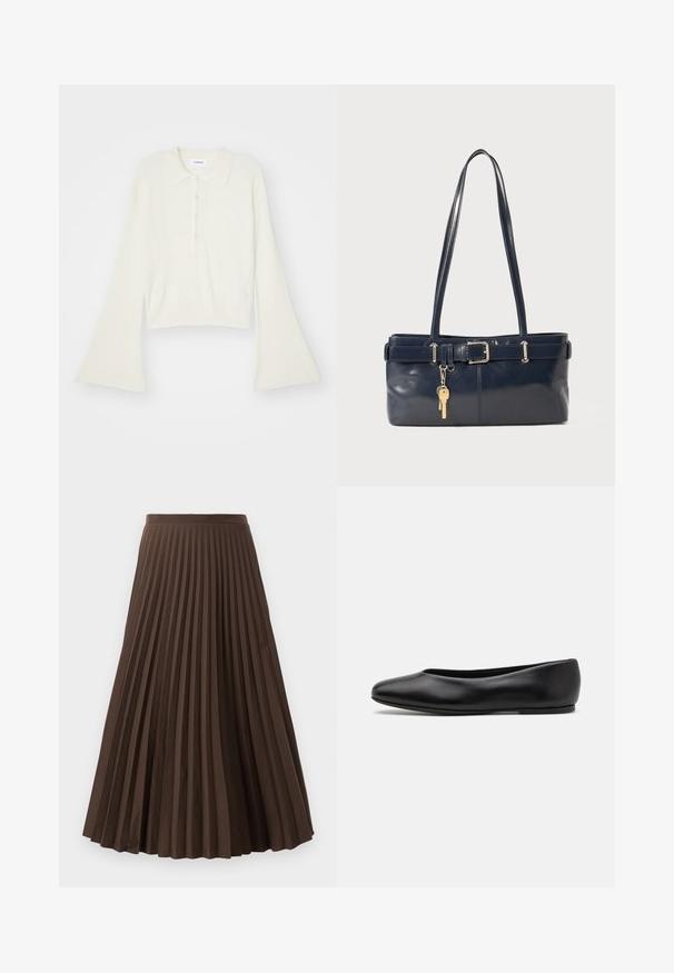 Hladký krémový polo tričko s dlouhými rozevlátými rukávy a páskou s pěti knoflíky. Obsahuje límeček s jemnou texturou.; Hnědá midi délky plisovaná sukně s přiléhavým pasem a rovnoměrně rozloženými vertikálními záhyby, vystavená na bílém pozadí.; Paul Smith TOPANGA - Klasické baleríny - black; Námořnická kožená kabelka s dvěma dlouhými uchy, detaily s přezkou a připevněným klíčenkou. Vyznačuje se hladkým povrchem a obdélníkovým tvarem.