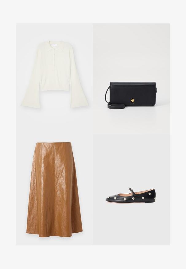 Ribovaný krémový polo tričko s dlhými rozpätými rukávmi a päťtlačidlovou légou. Obsahuje golier s jemnou textúrou.; Hnedá kožená midi sukňa s hladkým, lesklým povrchom, so zvislými švami a rozšíreným strihom, končiaca tesne pod kolenami.; Čierne kožené baleríny typu Mary Jane s okrúhlou špičkou, so striebornými kruhovými cvokmi a nastaviteľným remienkom so sponou.; Čierna kožená peňaženka so štíhlym obdĺžnikovým tvarom, so zlatým logom. Obsahuje odnímateľný popruh pre pohodlné nosenie.