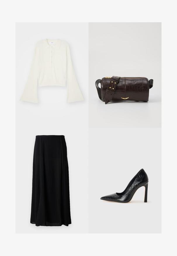 Hladký krémový polo tričko s dlouhými rozevlátými rukávy a páskou s pěti knoflíky. Obsahuje límeček s jemnou texturou.; Černá maxi sukně vyrobená z lehkého materiálu, s volným střihem, jednobarevná černá barva a jemné detaily bočních švů.; Černý lodičkový bot s špičatou špičkou, pokrytý texturou krokodýlí kůže, s elegantním designem, vysokým stiletto podpatkem a hladkým černým interiérem.; Hnědá kabelka z krokodýlí kůže s embosováním, cylindrického tvaru, se zlacenými kovovými prvky a odnímatelným popruhem se hroty.