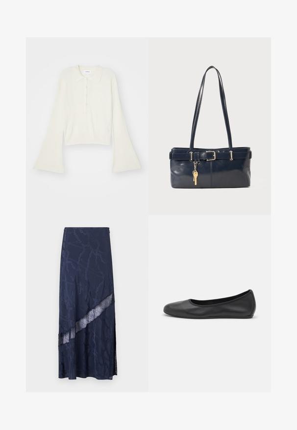 Polo shirt a coste di colore crema con maniche lunghe e svasate e placket con cinque bottoni. Presenta un colletto con una texture morbida.; Gonna maxi blu navy con pannello in pizzo e motivo a catena. Texture liscia con design con spacco laterale per un tocco in più.; Pantofole da balletto nere in pelle con punta arrotondata, texture liscia, dettagli di cucitura minimi e design con suola flessibile.; Borsa a mano in pelle blu con due manici lunghi, un dettaglio con fibbia e un portachiavi attaccato. Presenta una texture liscia e una forma rettangolare.