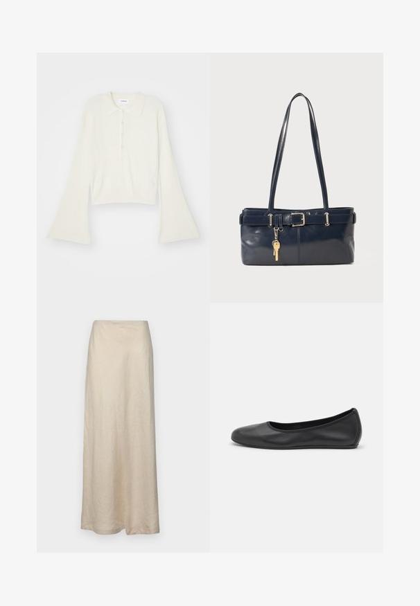 Hladký krémový polo tričko s dlouhými rozevlátými rukávy a páskou s pěti knoflíky. Obsahuje límeček s jemnou texturou.; Béžová maxi sukně z lnu s jednoduchým, rovný designem a hladkou texturou, s vysokým pasem a bez viditelných vzorů či ozdob.; Černé kožené baletní byty s kulatou špičkou, hladkou texturou, minimálními švy a flexibilním designem podrážky.; Námořnická kožená kabelka s dvěma dlouhými uchy, detaily s přezkou a připevněným klíčenkou. Vyznačuje se hladkým povrchem a obdélníkovým tvarem.