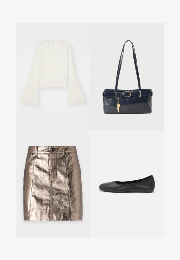 Rudmāta, krēmkrāsas polo krekls ar garām, zvana formu piedurknēm un piecu pogu aizdari. Iespējas ietver mīksta tekstūra apkakli.; Metāliski bronzas džinsa mini svārki ar taisnu griezumu, priekšējām kabatām un jostasvietu ar pogu aizdari. Gluda un spīdīga tekstūra.; Melna ādas baleta kurpe ar noapaļotu purngalu, gludu tekstūru, minimālu šuvju detalizāciju un elastīgu zoles dizainu.; Jūras spēku stila ādas rokassoma ar divām garām rokturiem, ar sprādzi un pievienotu atslēgu piekariņu. Iezīmējas ar gludu tekstūru un taisnstūra formas.