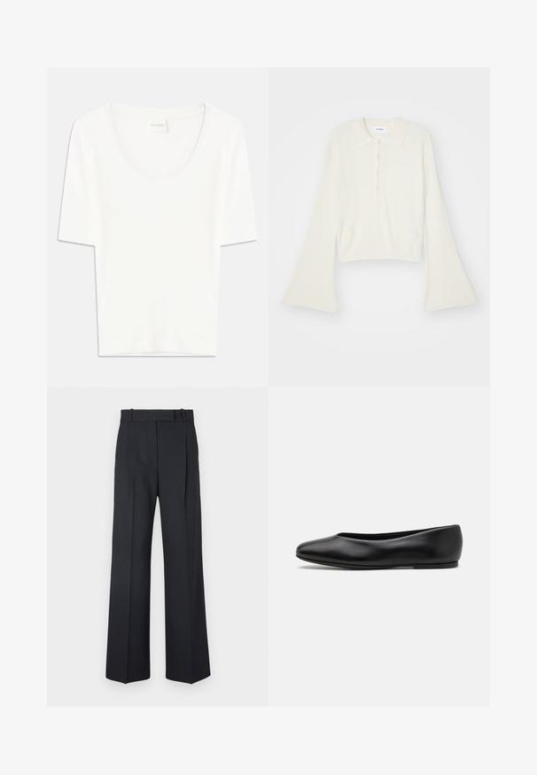 Raitaleva, kerma värinen polo-paita pitkillä, levenevillä hihoilla ja viiden napin listalla. Varustettu pehmeätekstuurisella kauluksella.; Valkoinen lyhythihainen T-paita pyöreällä kaula-aukkolla. Valmistettu pehmeästä puuvillakankaasta, se on rentoa mitoitusta ja minimalistista muotoilua.; Tummansiniset raidalliset housut, joissa on korkea vyötärö, leveät lahkeet ja ei näkyviä metalliosia tai koristeita. Sileä pinta ja räätälöity istuvuus.; Paul Smith TOPANGA - Ballerinat - black