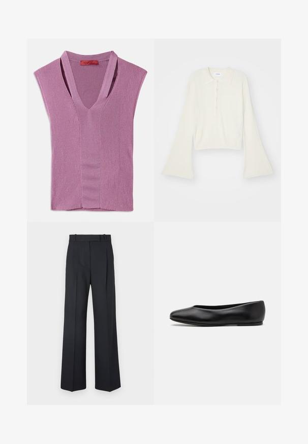 Geripptes, cremefarbenes Polohemd mit langen, ausladenden Ärmeln und einer Knopfleiste mit fünf Knöpfen. Verfügt über einen Kragen mit einer weichen Textur.; Ärmelloses V-Ausschnitt-Top aus helllila geripptem Strick mit einer Mittelnaht, ausgestattet mit einem Etikett am Ausschnitt.; Dunkelblaue Nadelstreifenhosen mit hoher Taille, weit geschnittenem Bein und ohne sichtbare Beschläge oder Verzierungen. Glatte Textur und taillierte Passform.; Paul Smith TOPANGA - Klassischer Ballerina - black