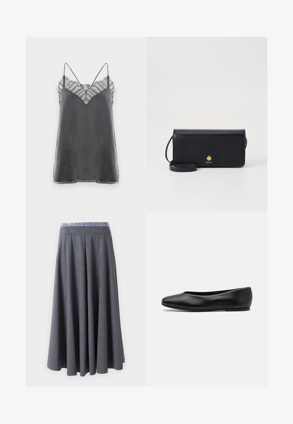 Geripptes, cremefarbenes Polohemd mit langen, ausladenden Ärmeln und einer Knopfleiste mit fünf Knöpfen. Verfügt über einen Kragen mit einer weichen Textur.; Satin-grauer Spitzentop mit dünnen Spaghetti-Trägern und einem transparenten, gestreiften Spitzenüberzug am Ausschnitt, der ein V-förmiges Design aufweist.; Hochtaillierte, dunkelgraue, weite Hose mit dezentem Karomuster und einem blau-weiß gestreiften Bund, präsentiert hängend vor einem weißen Hintergrund.; Paul Smith TOPANGA - Klassischer Ballerina - black; Schwarze Lederbrieftasche in schlanker rechteckiger Form mit einem goldenen Logo. Enthält einen abnehmbaren Tragegurt für zusätzlichen Tragekomfort.