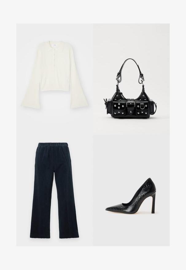 Ribbed, cream-colored polo shirt with long, flare sleeves and five button placket. Features a collar with a soft texture.; Navy corduroy trousers with a wide-leg design, elastic waistband, and vertical ribbed texture. Features side pockets and a straight hem.; Black pointed-toe high heel shoe with a crocodile-skin texture, featuring a sleek design, high stiletto heel, and smooth black interior.; Black leather handbag with a curved design, featuring silver studs, a buckle, and two side pockets. Adjustable strap for carrying options.