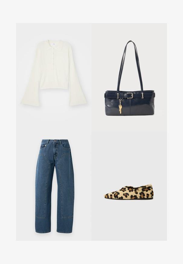Ribbed, cream-colored polo shirt with long, flare sleeves and five button placket. Features a collar with a soft texture.; Blue denim jeans with wide legs, large front patch pockets, button closure, and belt loops.; Leopard print flat shoes made of soft fur, featuring a pointed toe design and a low profile. Natural tones with black accents.; Navy leather handbag with two long handles, a buckle detail, and a keychain attached. Features a smooth texture and a rectangular shape.