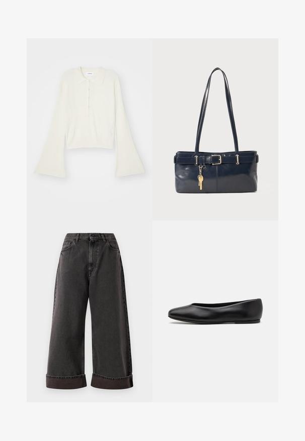 Hladký krémový polo tričko s dlouhými rozevlátými rukávy a páskou s pěti knoflíky. Obsahuje límeček s jemnou texturou.; Černé široké džíny s ohrnutými manžetami, zapínáním na knoflík a zip, a bočními a předními kapsami.; Paul Smith TOPANGA - Klasické baleríny - black; Námořnická kožená kabelka s dvěma dlouhými uchy, detaily s přezkou a připevněným klíčenkou. Vyznačuje se hladkým povrchem a obdélníkovým tvarem.