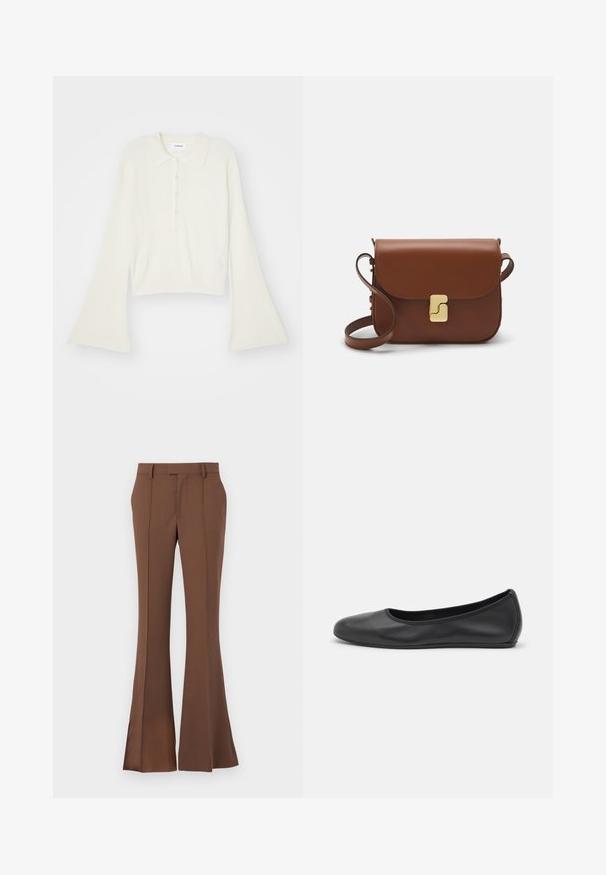 Ribovaný krémový polo tričko s dlhými rozpätými rukávmi a päťtlačidlovou légou. Obsahuje golier s jemnou textúrou.; Hnedé rozšírené nohavice vyrobené z hladkej látky, charakterizované plochým predným dielom, pútkami na opasok a priliehavým strihom s jemnými záhybmi.; Čierne kožené baleríny s okrúhlou špičkou, hladkým povrchom, minimálnym prešívaním a flexibilným dizajnom podrážky.; Hnedá kožená kabelka s klopou, zlatými kovovými prvkami, ramenným popruhom a hladkým povrchom. Kompaktný obdĺžnikový tvar.